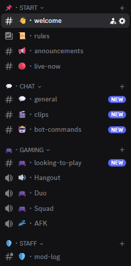 After: four clear sections, Start, Chat, Gaming and Staff